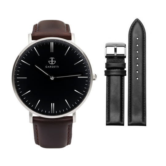 Kit 1: Reloj clásico negro - Color plata y correa café. Correa adicional negra de piel genuina, hebilla plateada